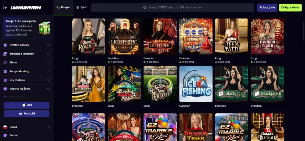 Aktualna sekcja live casino w lobby Immerion