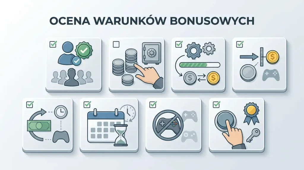 Ilustracja checklisty warunków bonusu bez kwot i nazw promocji