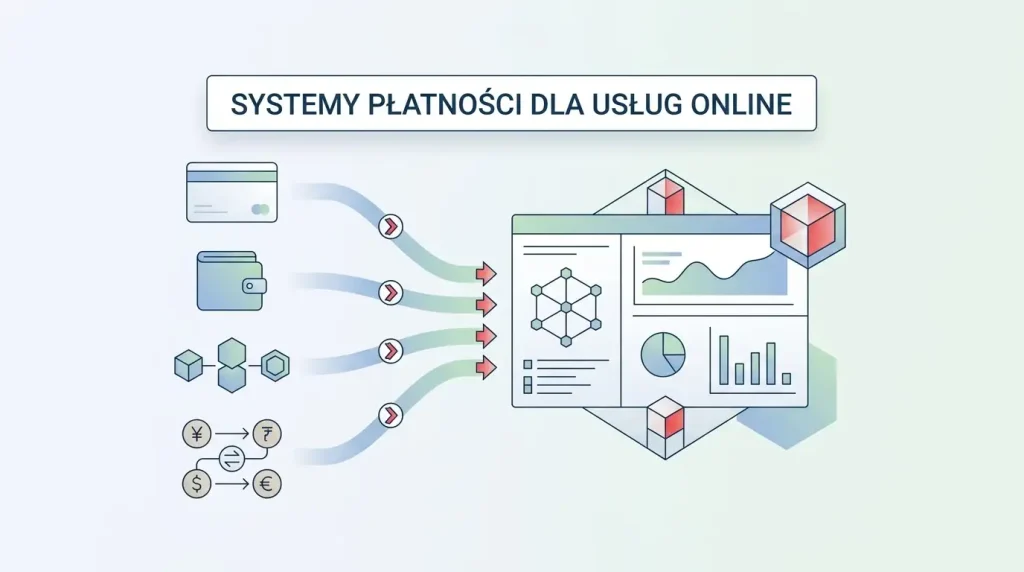Ilustracja kategorii płatności: karta, e-portfel, kryptowaluta i konwersja PLN